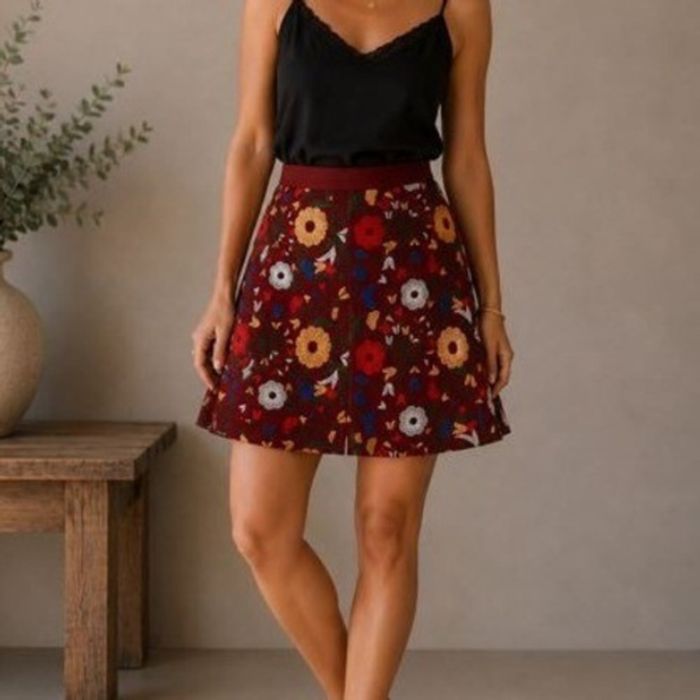 Tapestry Floral Embroidered Skort Sz. L Burgundy‎ Boho Folk Festive Retro Artsy